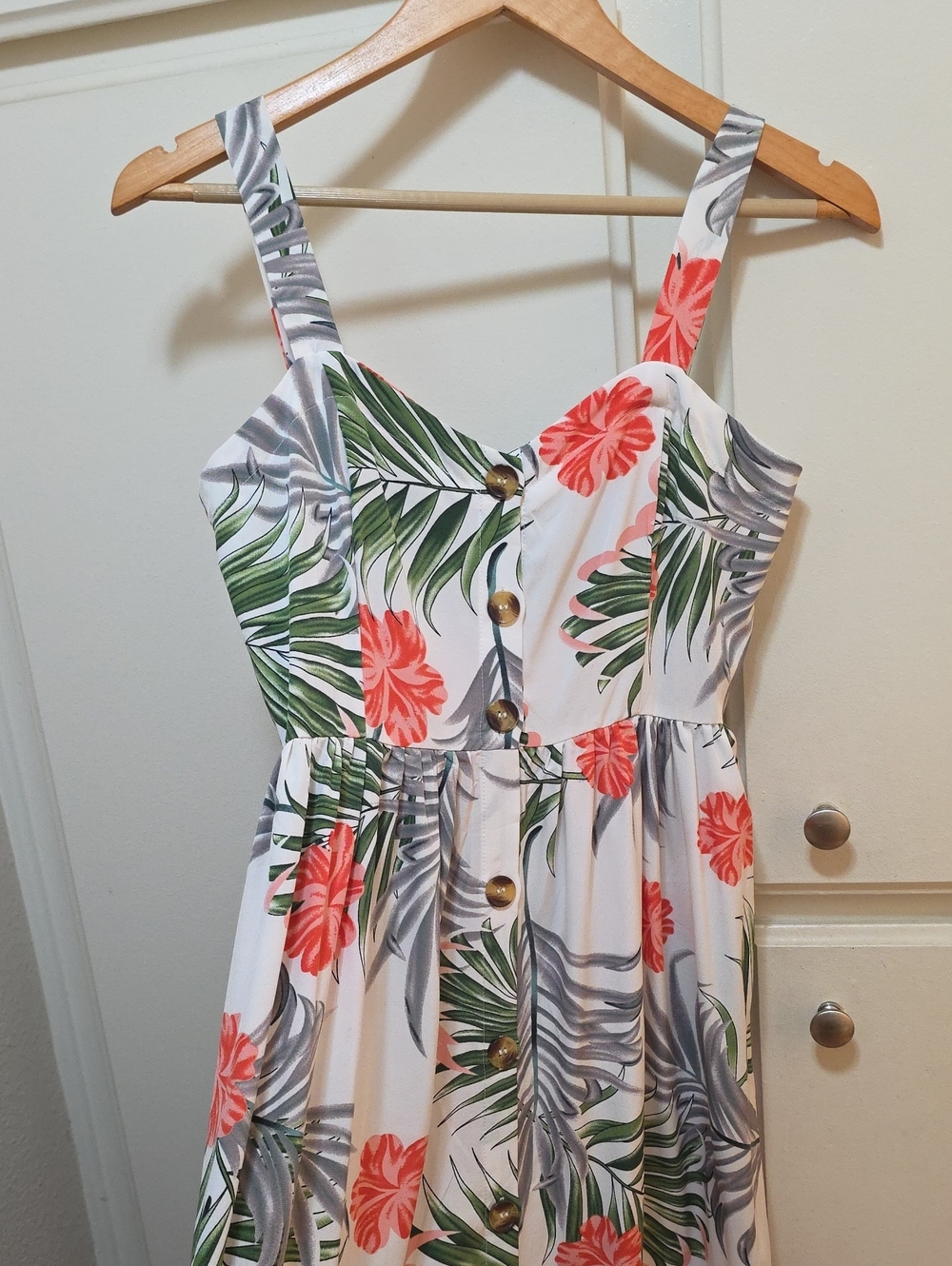 White Tropical Floral Maxi Dress with Coral Flowers